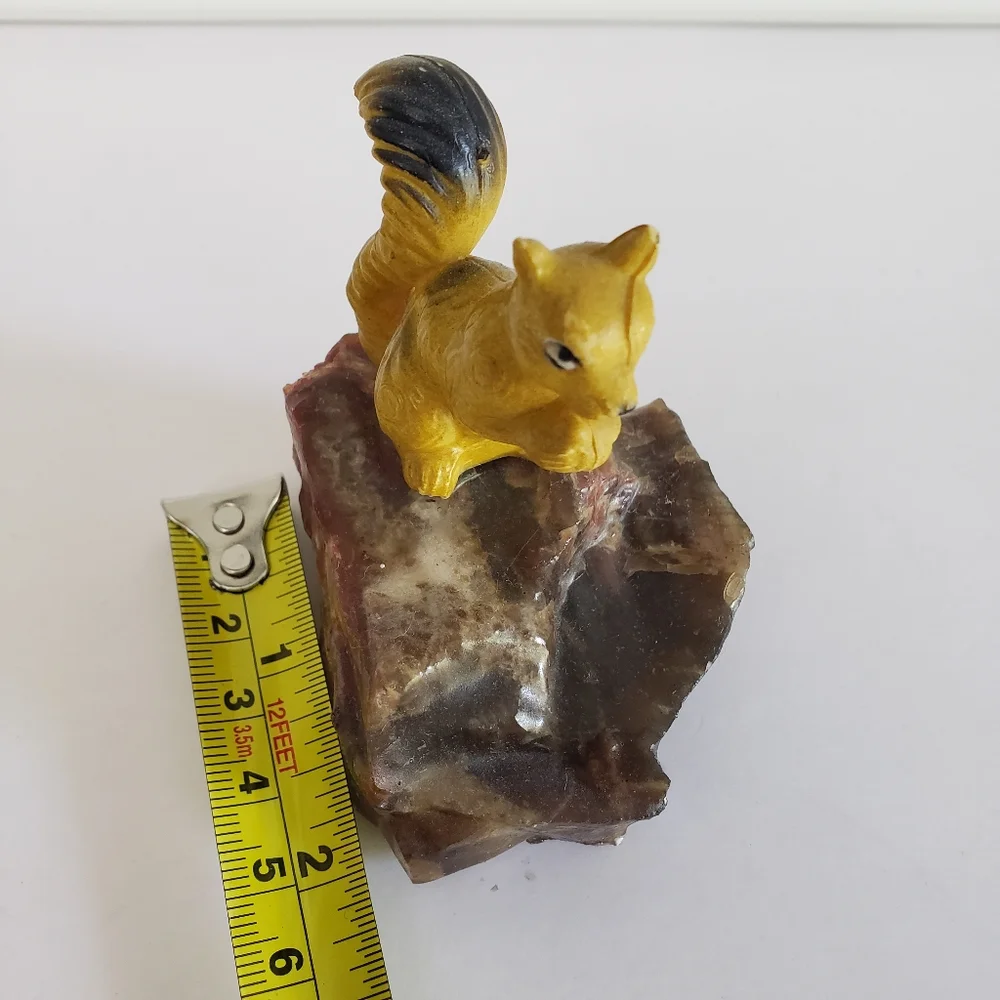 Vintage Squirrel Figurine on Natural Stone Base Ceramic Resin Collectible Decor
